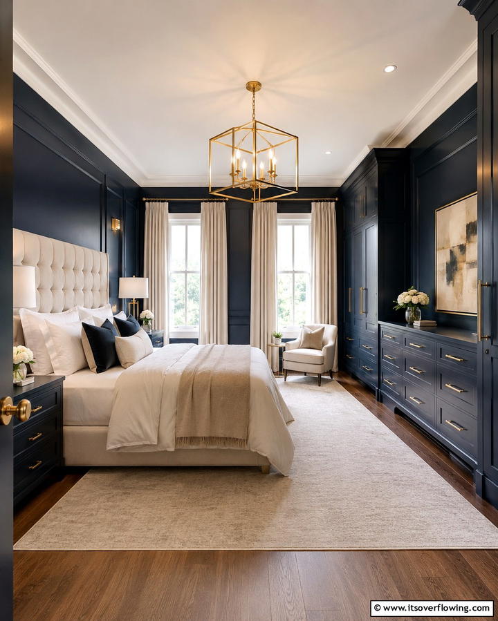 Blue and Brass Fixtures - 25 Moody Blue Bedroom Ideas for a Relaxing Space