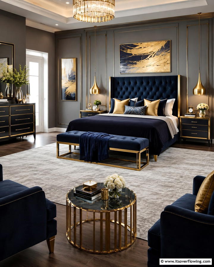 Blue and Gold Accents - 25 Moody Blue Bedroom Ideas for a Relaxing Space