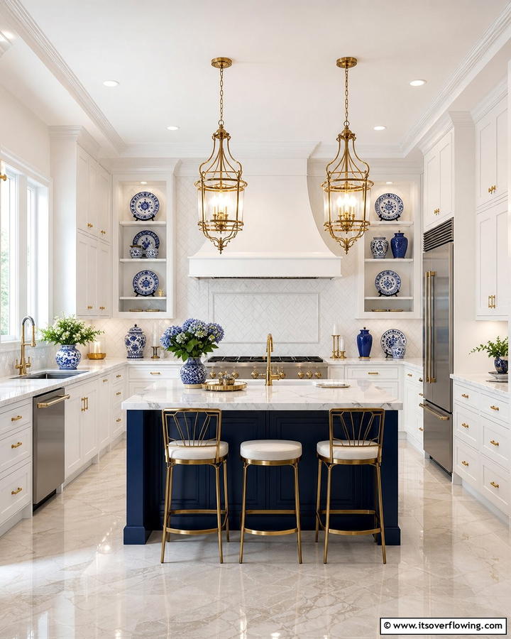 Blue and Gold Accents - 20 Blue French Country Kitchen Ideas- Charming & Bright