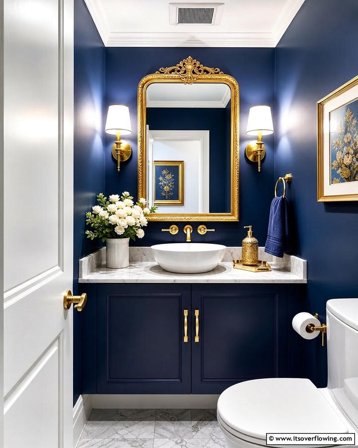 Blue and Gold Combination - 20 Blue Powder Room Ideas- Small Space, Big Style