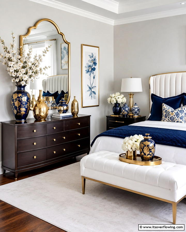 Blue and Gold Decorative Vases - 25 Blue and Gold Bedroom Ideas for a Regal Atmosphere