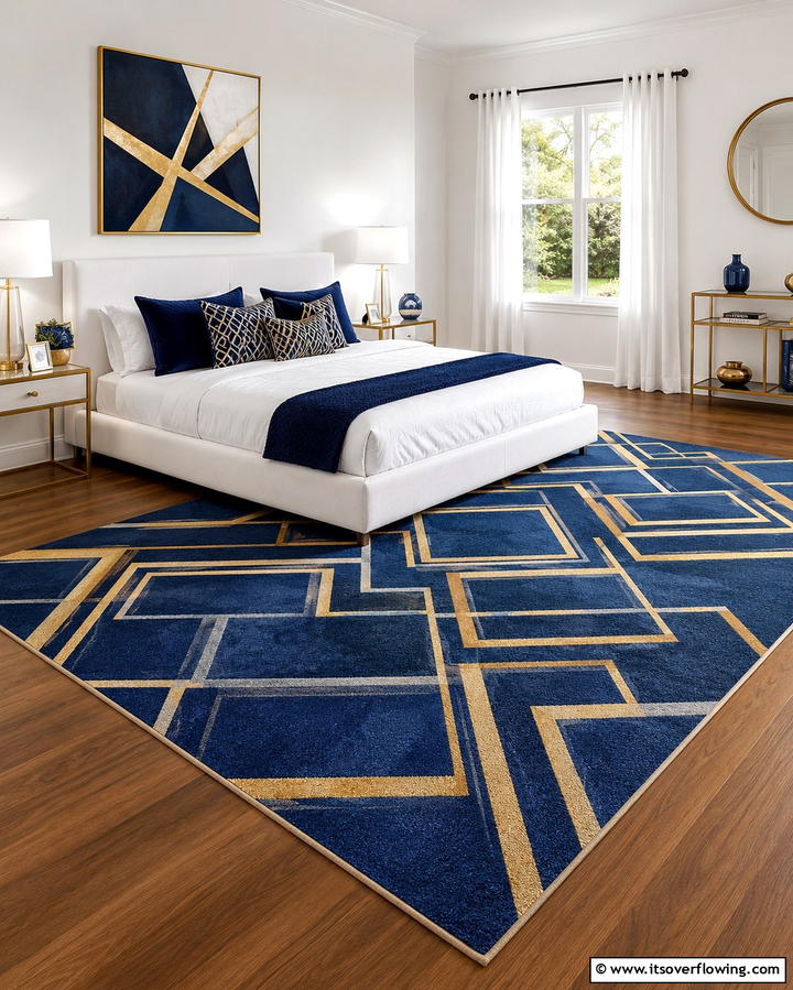Blue and Gold Geometric Rugs - 25 Blue and Gold Bedroom Ideas for a Regal Atmosphere