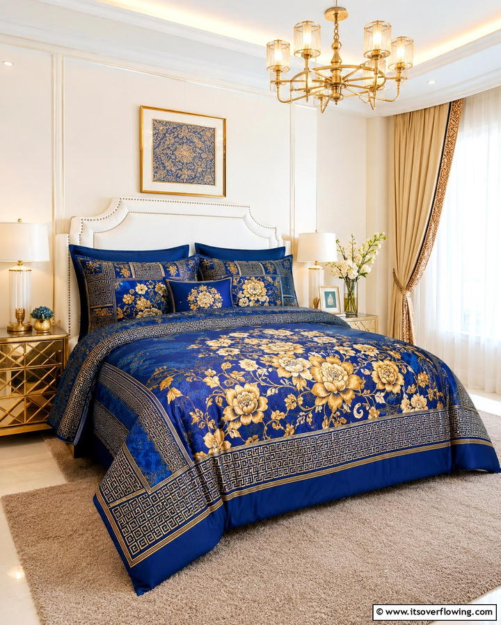 Blue and Gold Printed Bedding Sets - 25 Blue and Gold Bedroom Ideas for a Regal Atmosphere