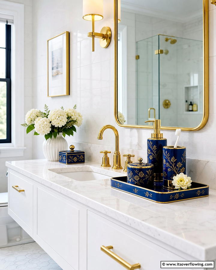 Blue and Gold Soap Dispensers - 25 Blue and Gold Bathroom Ideas for a Luxurious Retreat