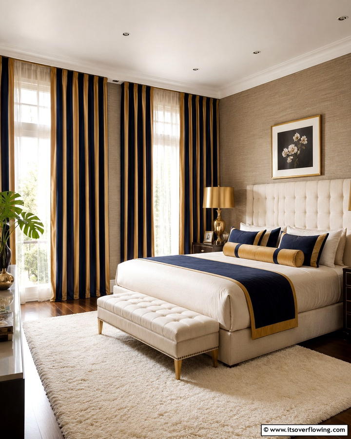 Blue and Gold Striped Curtains - 25 Blue and Gold Bedroom Ideas for a Regal Atmosphere