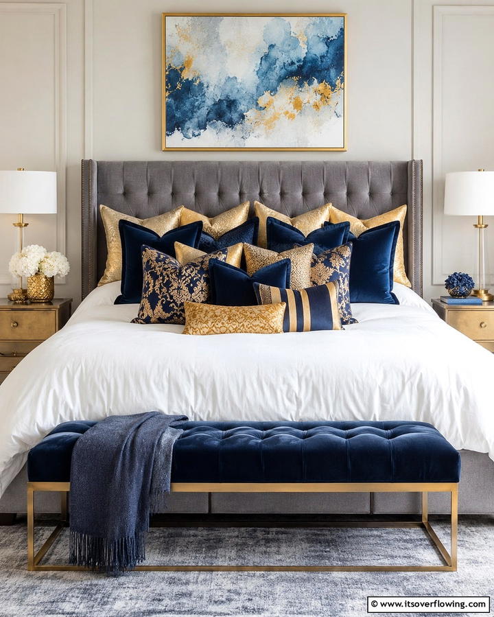 Blue and Gold Throw Pillows - 25 Blue and Gold Bedroom Ideas for a Regal Atmosphere