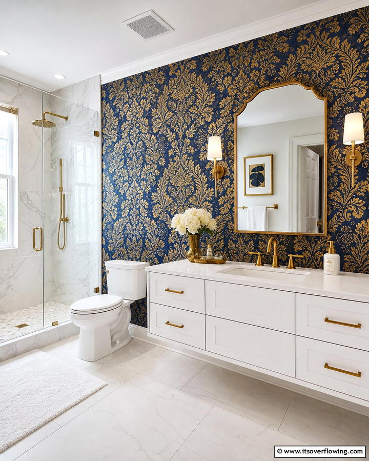 Blue and Gold Wallpaper Accent Wall - 25 Blue and Gold Bathroom Ideas for a Luxurious Retreat