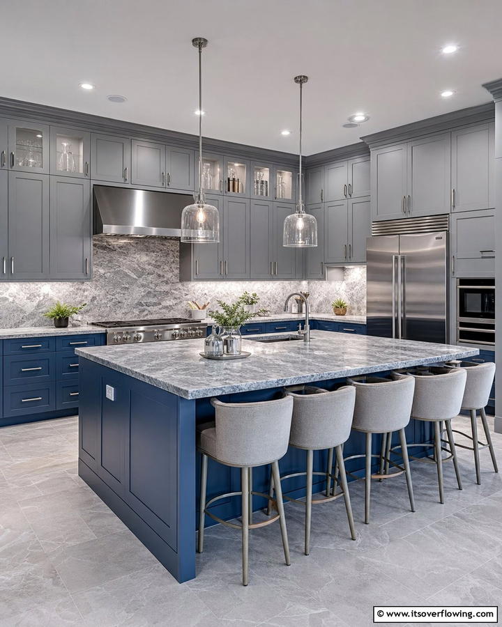 Blue and Gray Combination Harmony - 21 Inviting Blue Kitchen Ideas for Coastal or Modern Themes