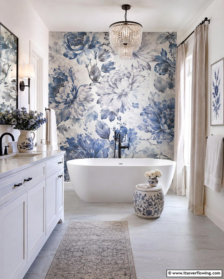 Blue and Gray Floral Wallpaper - 25 Blue and Gray Bathroom Ideas for a Modern Look