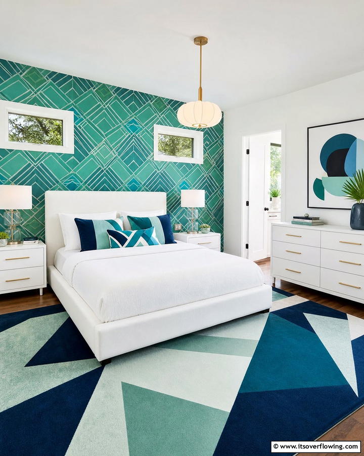 Blue and Green Geometric Patterns - 20 Blue and Green Bedroom Ideas- Calming Color Schemes