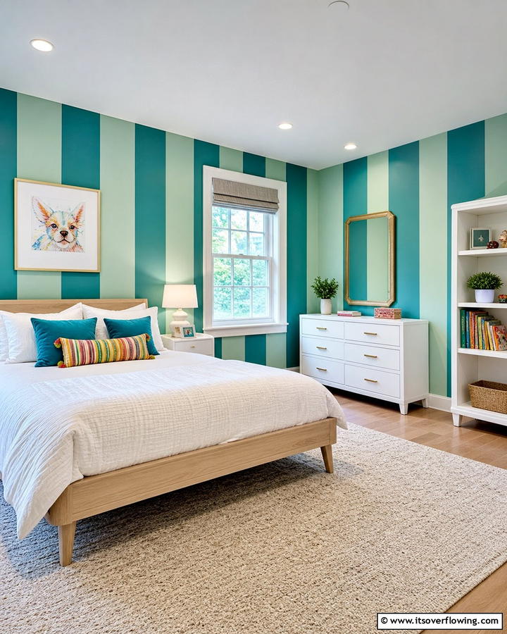Blue and Green Striped Walls - 20 Blue and Green Bedroom Ideas- Calming Color Schemes