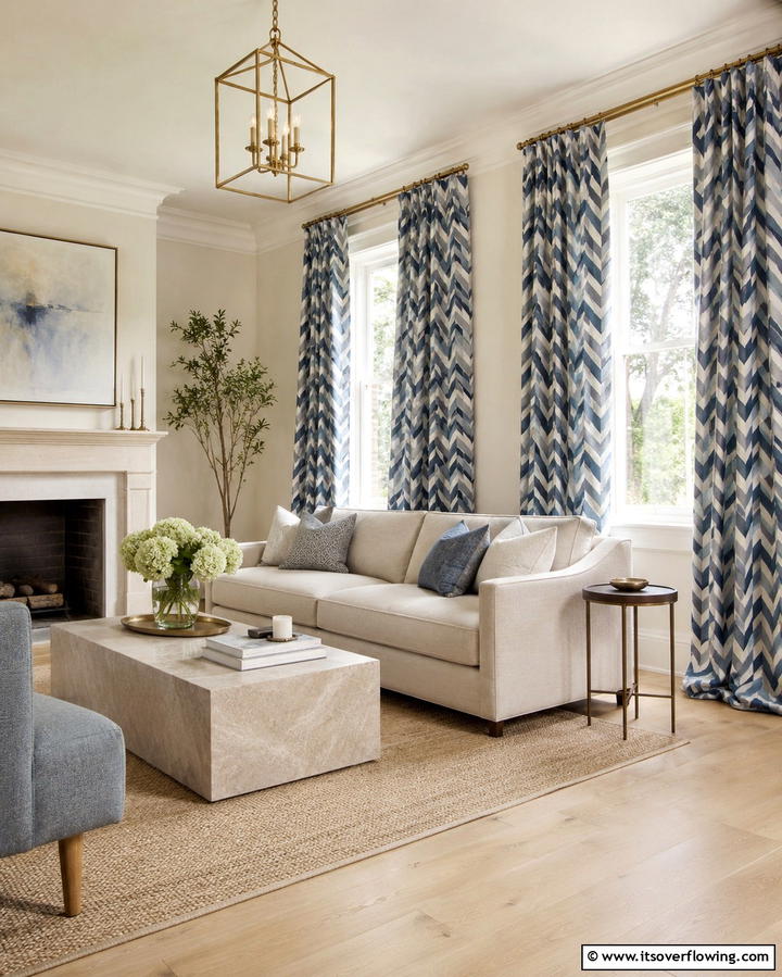 Blue and Grey Chevron Curtains - 30 Soothing Blue & Grey Living Room Designs for Relaxing Spaces