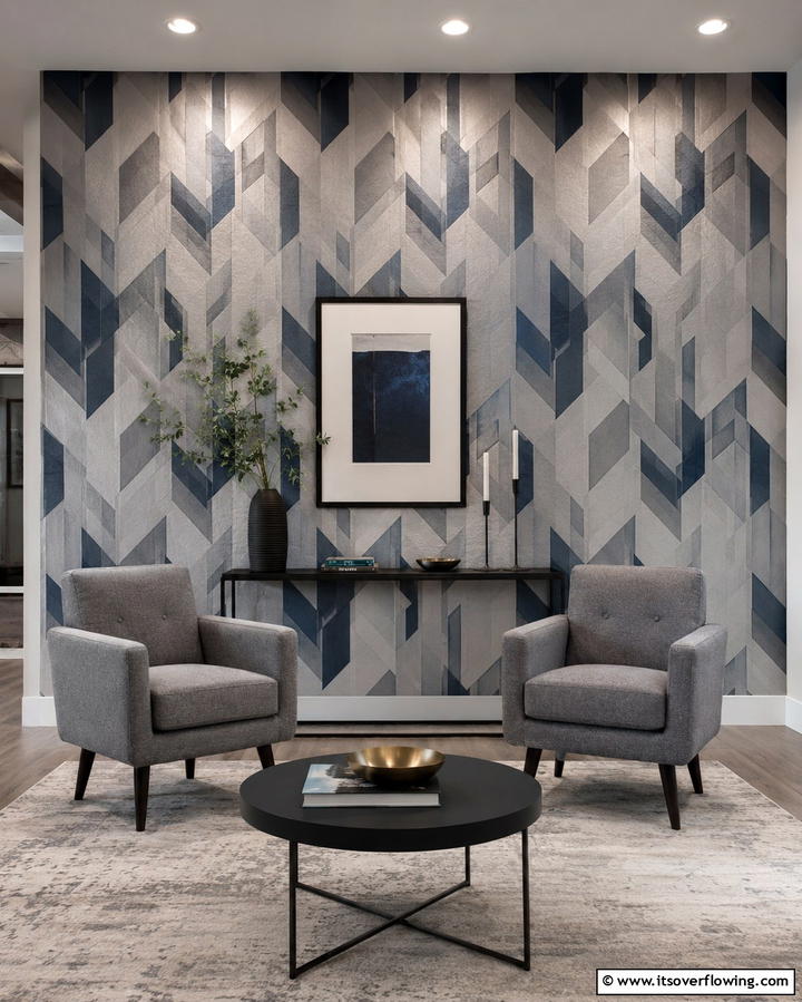 Blue and Grey Geometric WallpaperExact - 30 Soothing Blue & Grey Living Room Designs for Relaxing Spaces