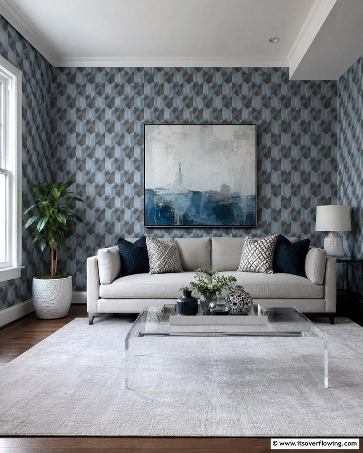 Blue and Grey Geometric WallpaperOne - 30 Soothing Blue & Grey Living Room Designs for Relaxing Spaces