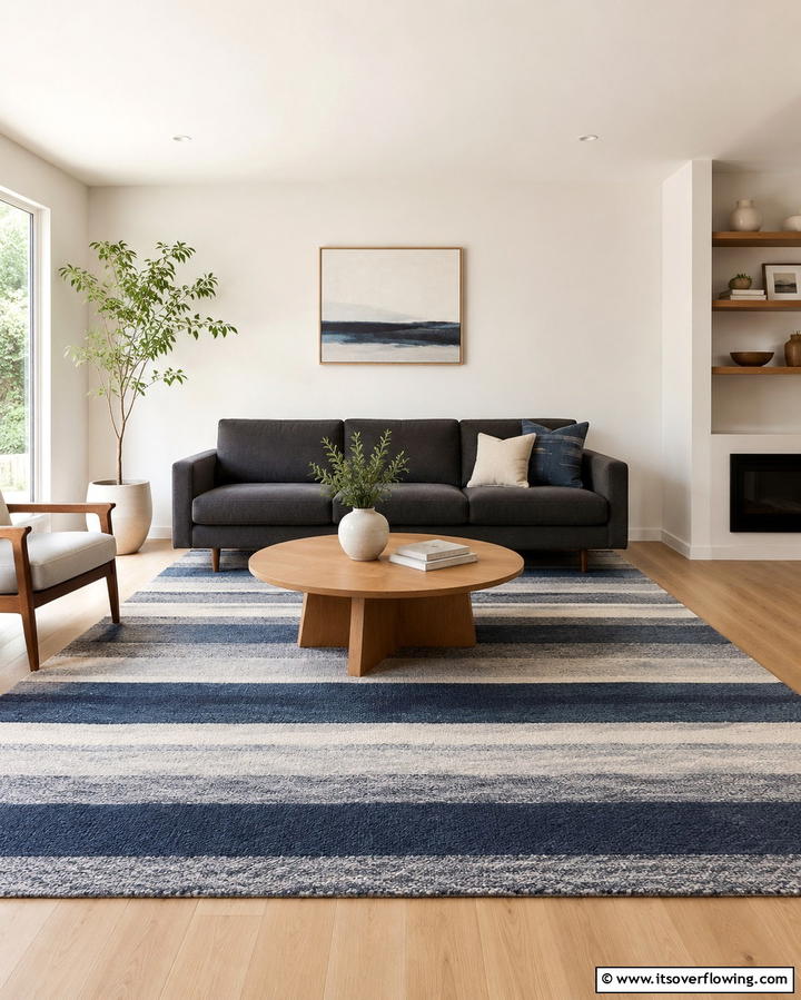 Blue and Grey Striped Rug - 30 Soothing Blue & Grey Living Room Designs for Relaxing Spaces