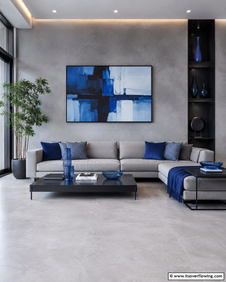 Blue and Grey Striped Rugs for Texture - 30 Soothing Blue & Grey Living Room Designs for Relaxing Spaces