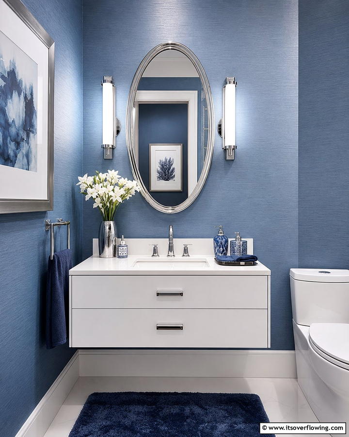 Blue and Silver Elegance - 20 Blue Powder Room Ideas- Small Space, Big Style