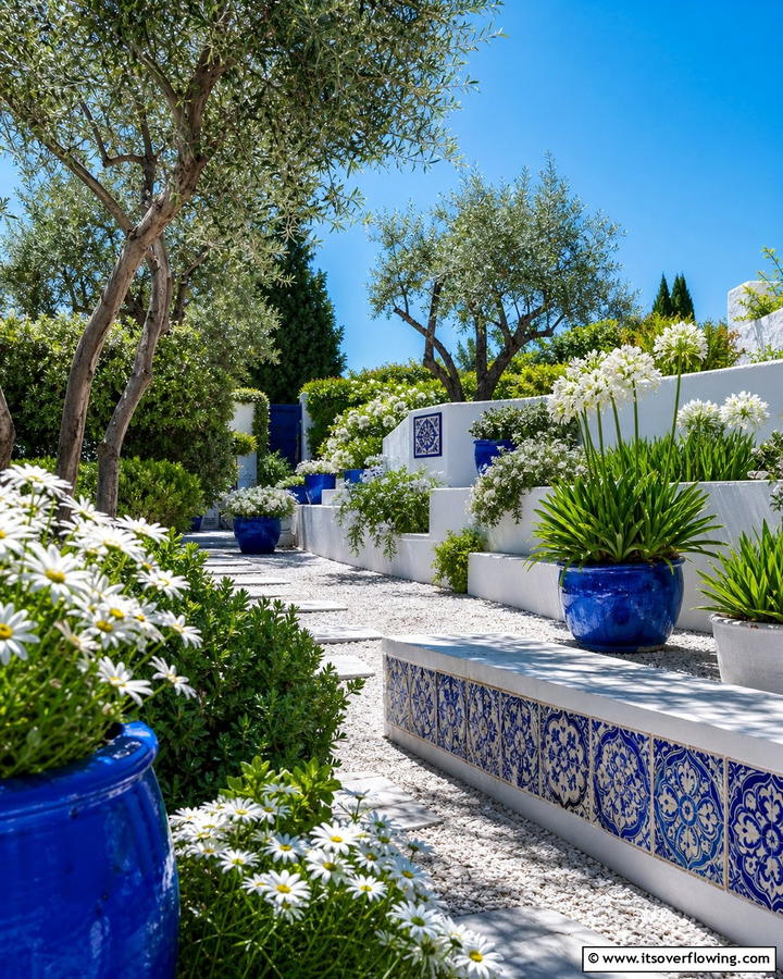 Blue and White Accent Garden - 30 Greek Garden Ideas- Mediterranean-Inspired Landscaping