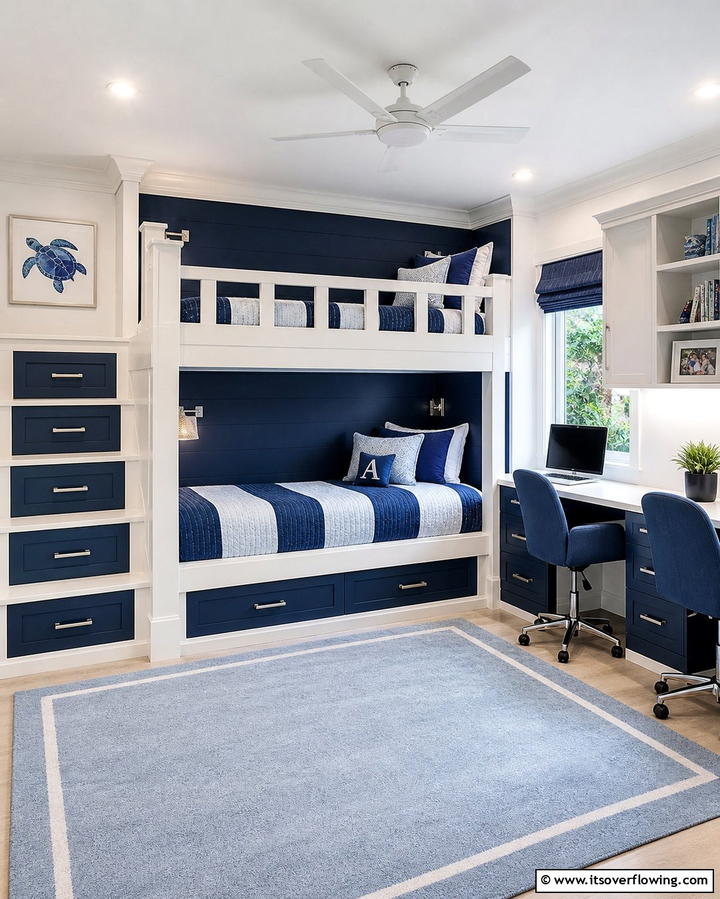 Blue and White Bunk Beds - 25 Girls Blue Bedroom Ideas- Fresh & Calming Designs
