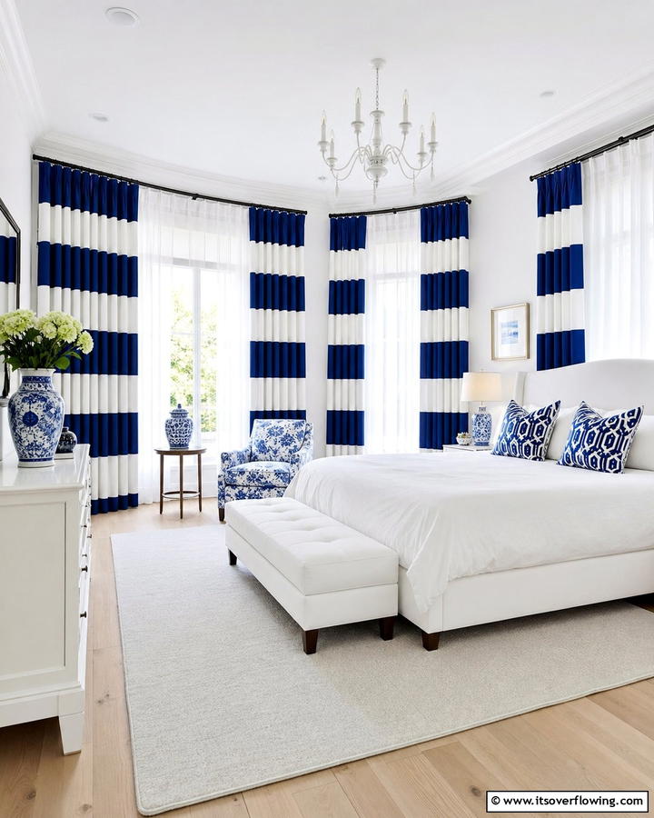 Blue and White Curtains for Elegant Framing - 25 Blue and White Bedroom Ideas for a Calming Space