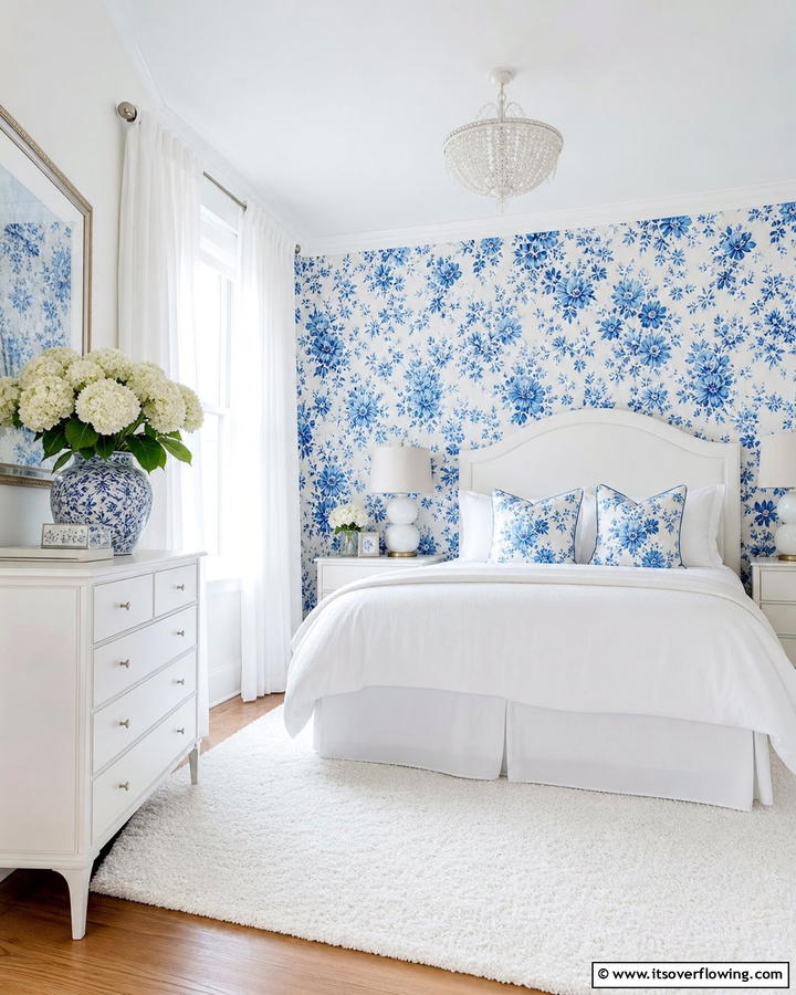 Blue and White Floral Patterns - 25 Blue and White Bedroom Ideas for a Calming Space