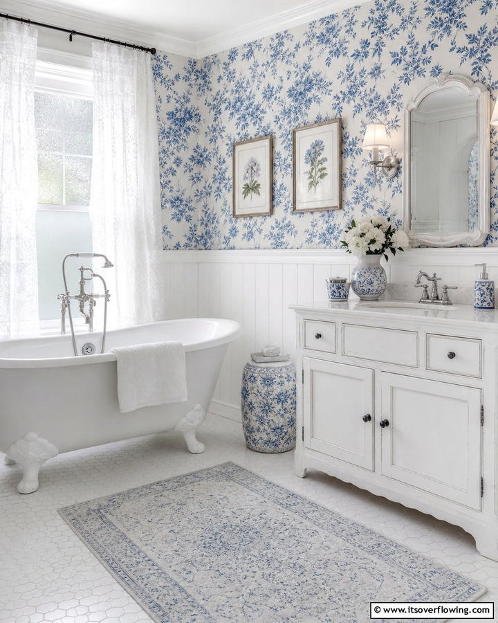 Blue and White Floral WallpaperOne - 25 Blue and White Bathroom Ideas for a Fresh Look