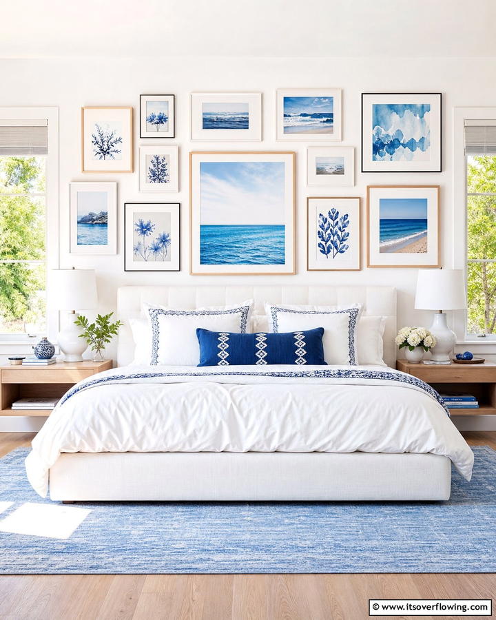 Blue and White Gallery Wall - 25 Blue and White Bedroom Ideas for a Calming Space
