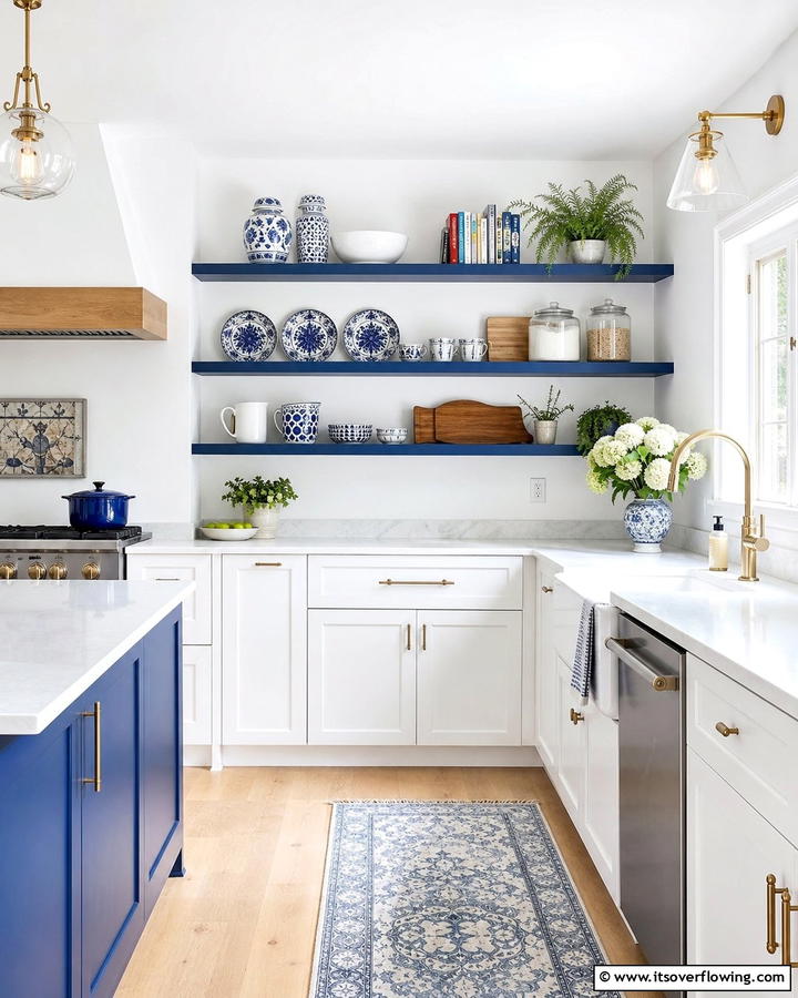 Blue and White Open Shelving - 25 Blue and White Kitchen Ideas for a Fresh and Timeless Look
