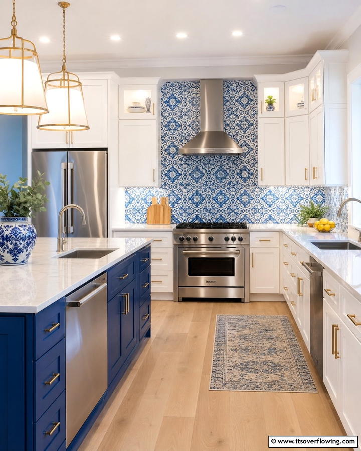 Blue and White Patterned Backsplash - 25 Blue and White Kitchen Ideas for a Fresh and Timeless Look