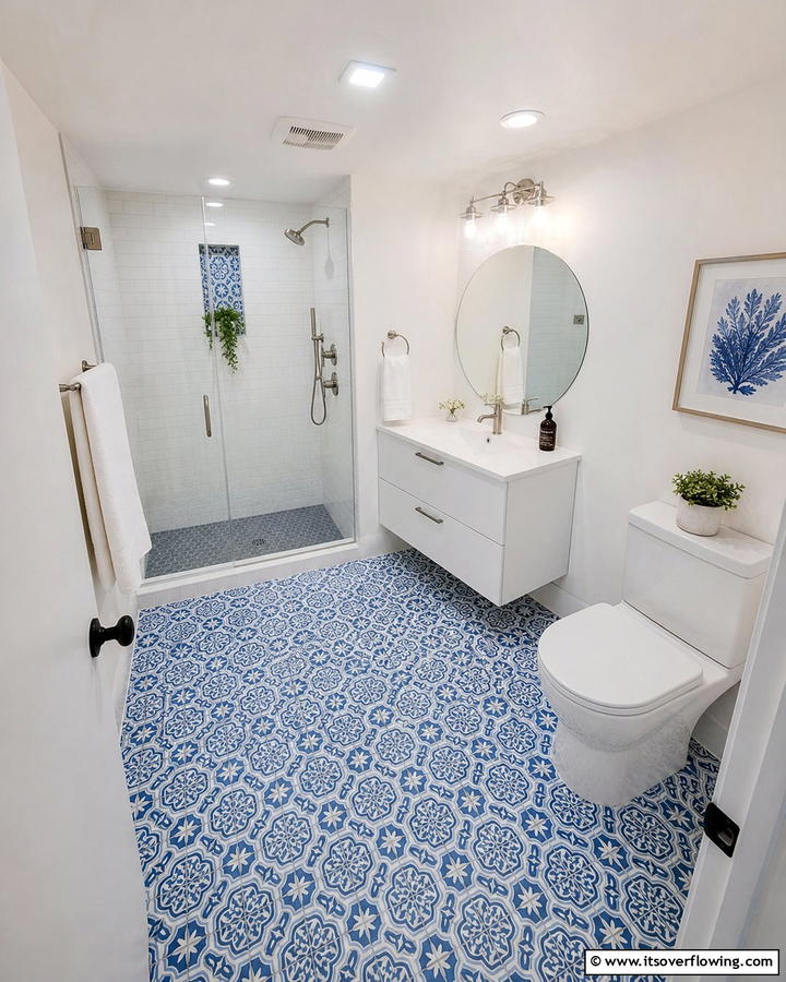 Blue and White Patterned Floor Tiles - 25 Blue and White Bathroom Ideas for a Fresh Look