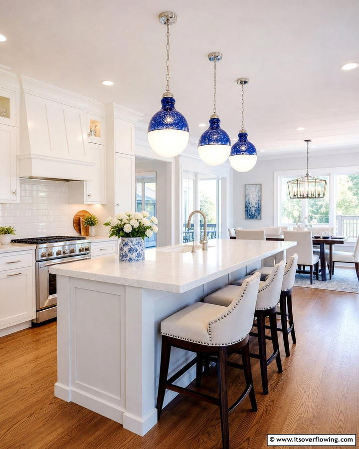 Blue and White Pendant Lighting - 25 Blue and White Kitchen Ideas for a Fresh and Timeless Look