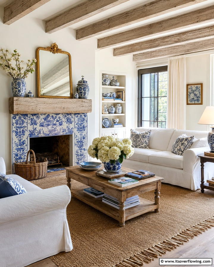 Blue and White Porcelain Tiles - 25 Farmhouse Fireplace Tile Ideas for a Rustic Look