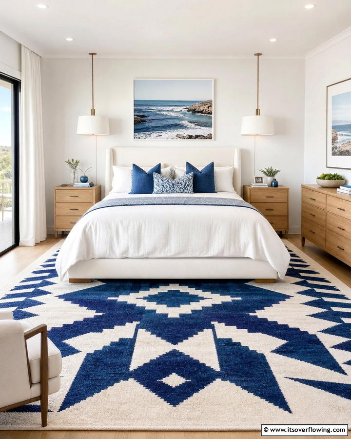 Blue and White Rugs for Grounding the Space - 25 Blue and White Bedroom Ideas for a Calming Space