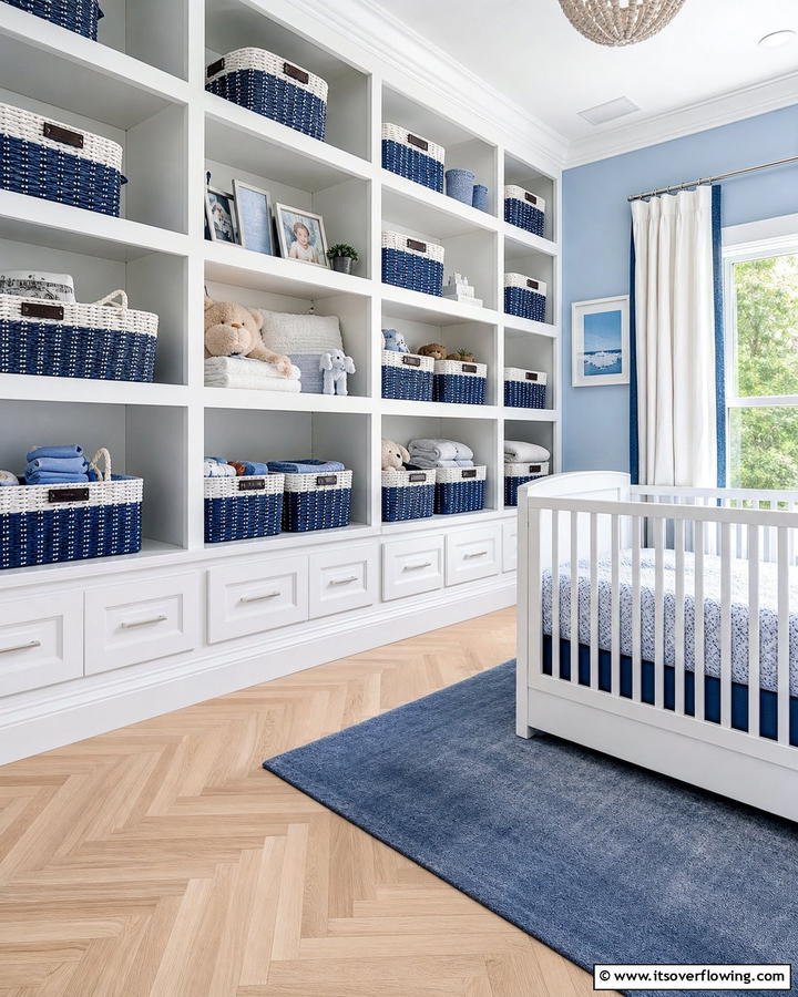 Blue and White Storage Baskets - 25 Blue Nursery Ideas for a Calming and Serene Baby Room