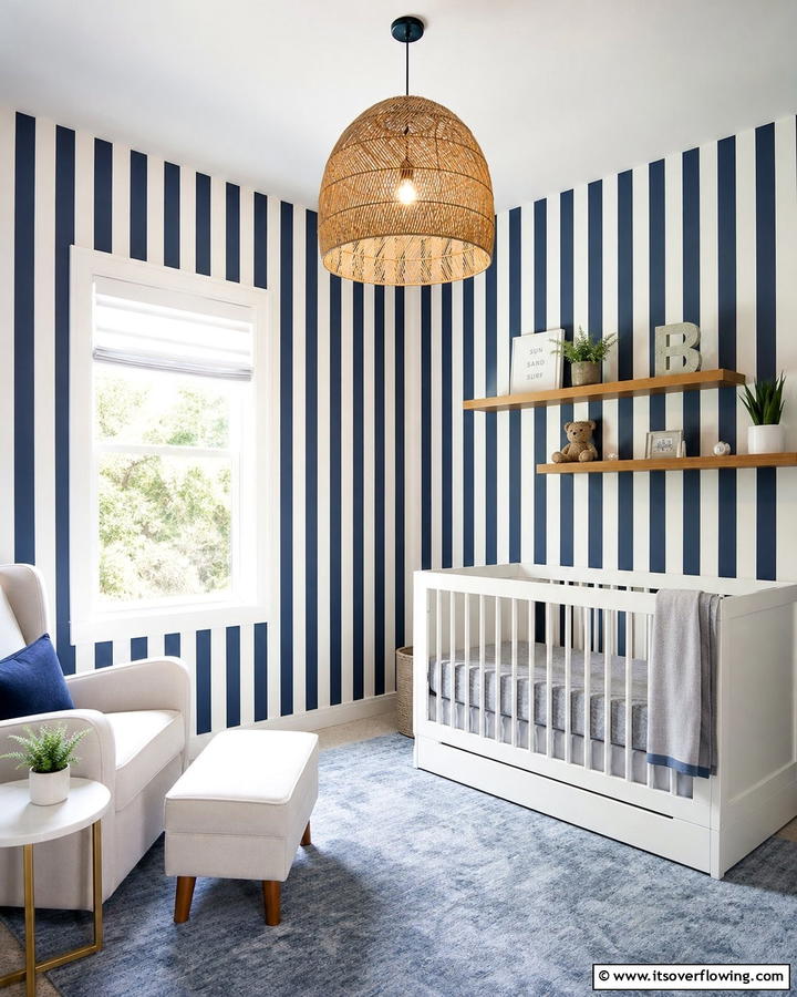 Blue and White Striped Wallpaper - 25 Blue Nursery Ideas for a Calming and Serene Baby Room