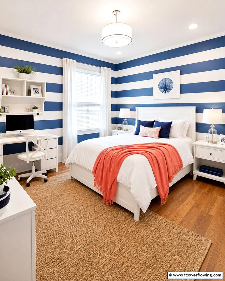 Blue and White Striped Walls - 25 Girls Blue Bedroom Ideas- Fresh & Calming Designs