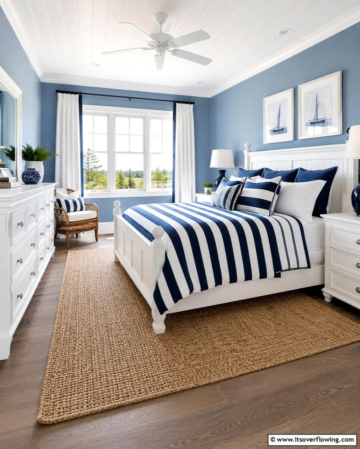 Blue and White Stripes - 25 Moody Blue Bedroom Ideas for a Relaxing Space