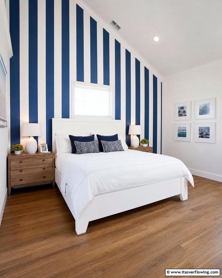 Blue and White Stripes on Walls - 25 Blue and White Bedroom Ideas for a Calming Space