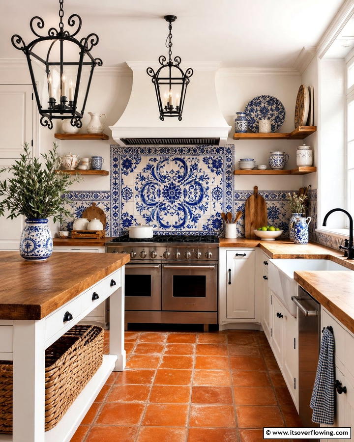 Blue and White Tile Backsplash - 20 Blue French Country Kitchen Ideas- Charming & Bright