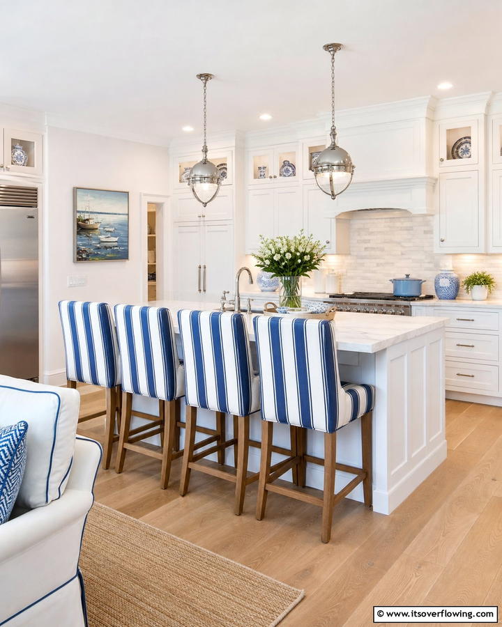 Blue and White Upholstered Seating - 25 Blue and White Kitchen Ideas for a Fresh and Timeless Look