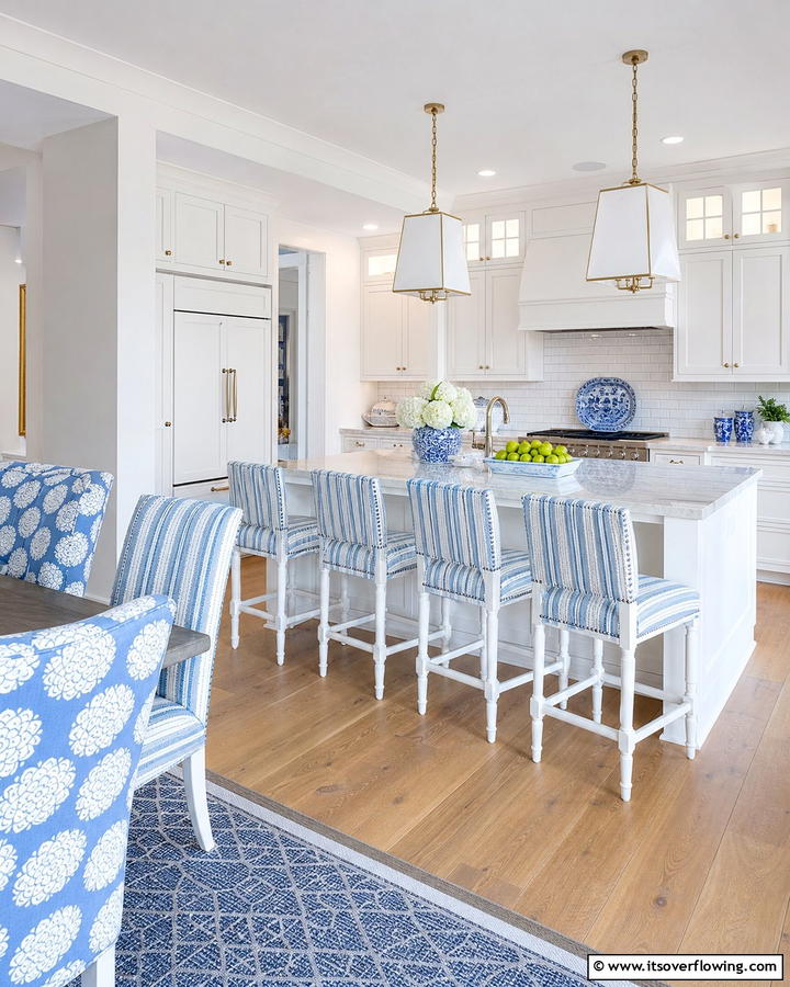 Blue and White Upholstery for Seating - 25 Blue and White Kitchen Ideas for a Fresh and Timeless Look