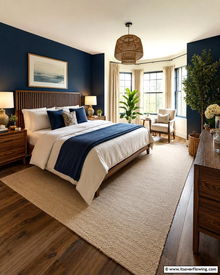 Blue and Wood Elements - 25 Moody Blue Bedroom Ideas for a Relaxing Space
