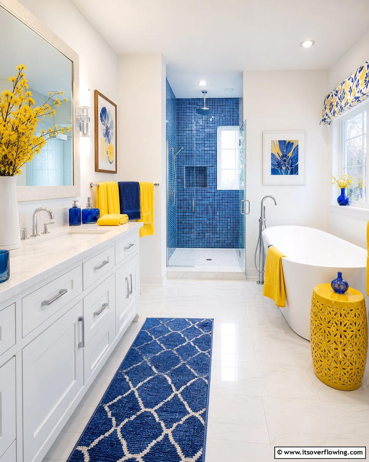 Blue and Yellow Accents - 25 Blue Bathroom Ideas for a Serene Retreat