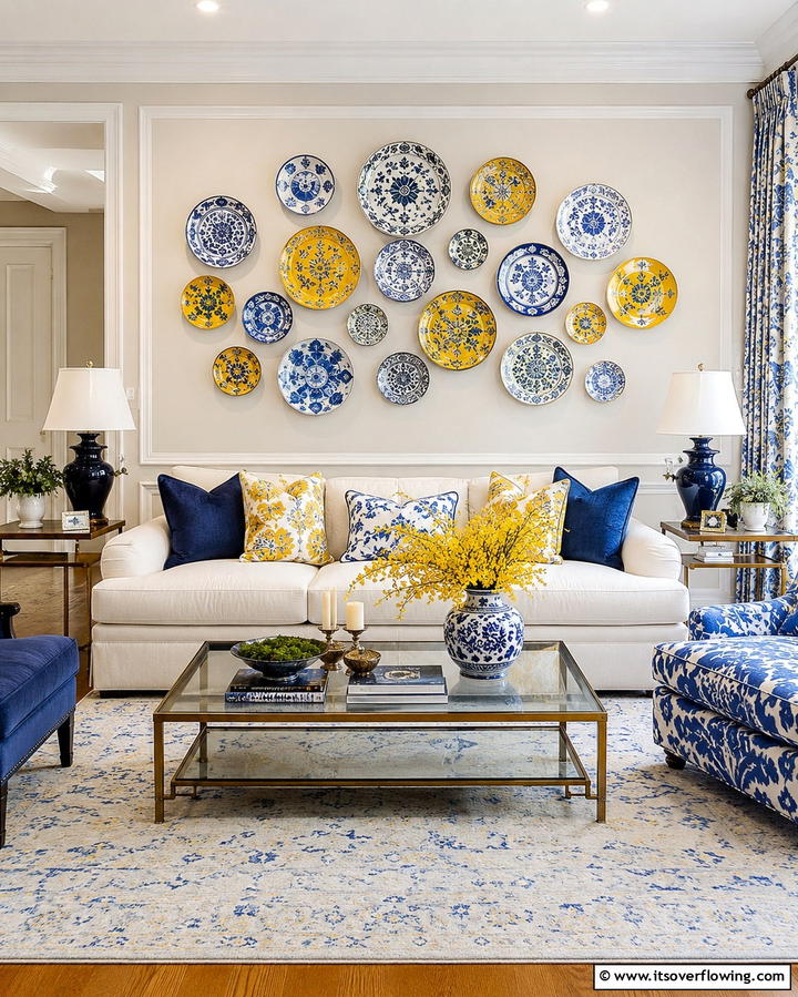 Blue and Yellow Decorative Plates - 25 Yellow and Blue Living Room Ideas for a Fresh Look