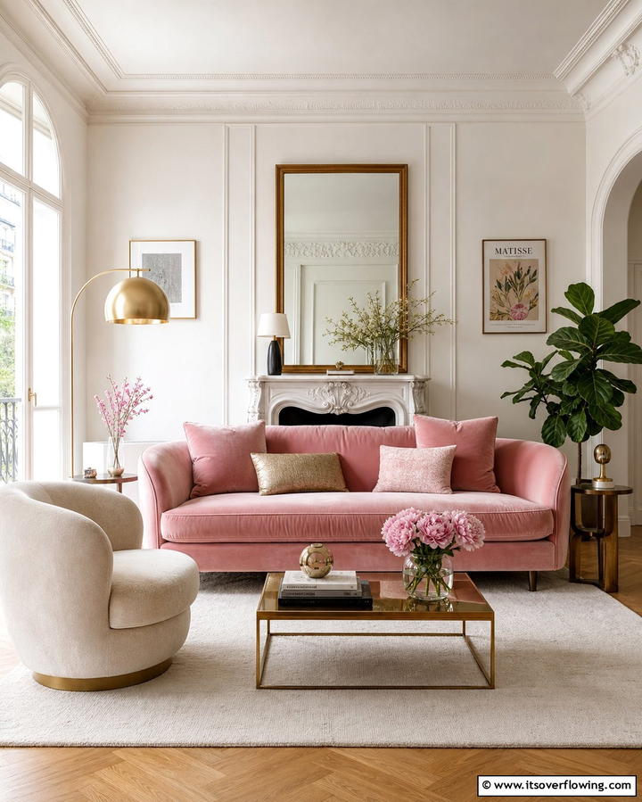 Blush Pink Accent Sofa - 25 Pastel Living Room Ideas for a Soft and Cozy Space