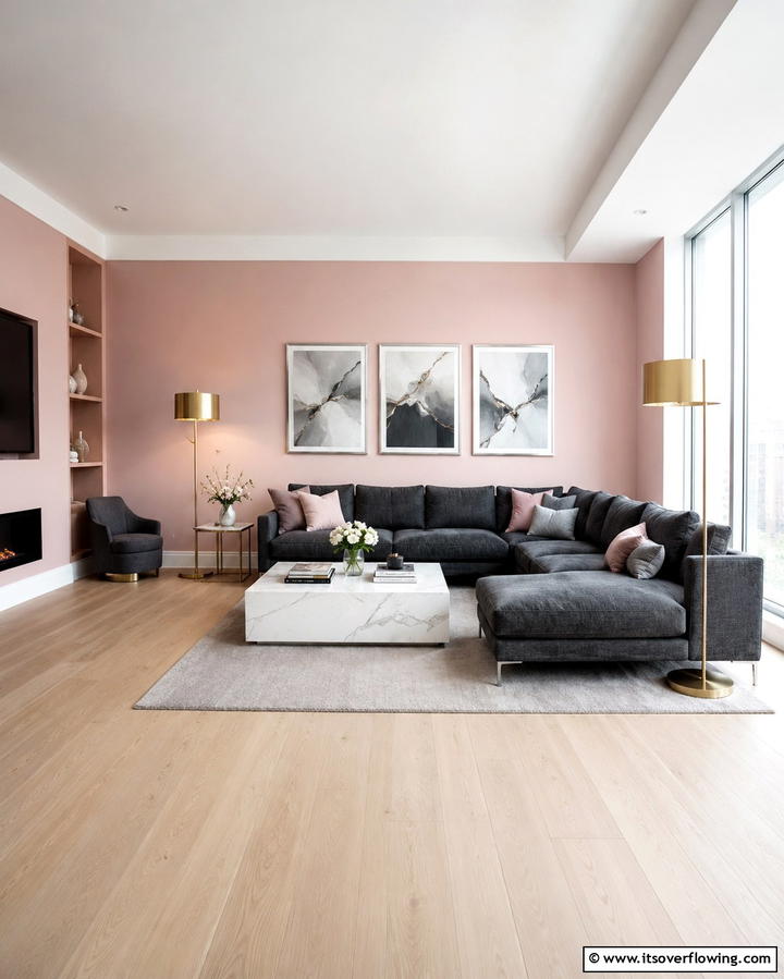 Blush Pink Accent Wall with Grey Furniture - 25 Pink and Grey Living Room Ideas for a Chic Space