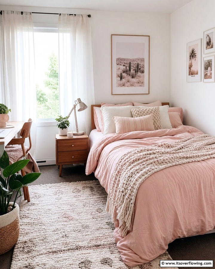 Blush Pink Bedding for a Cozy Vibe - 20 Pink Dorm Room Ideas for a Cozy College Space