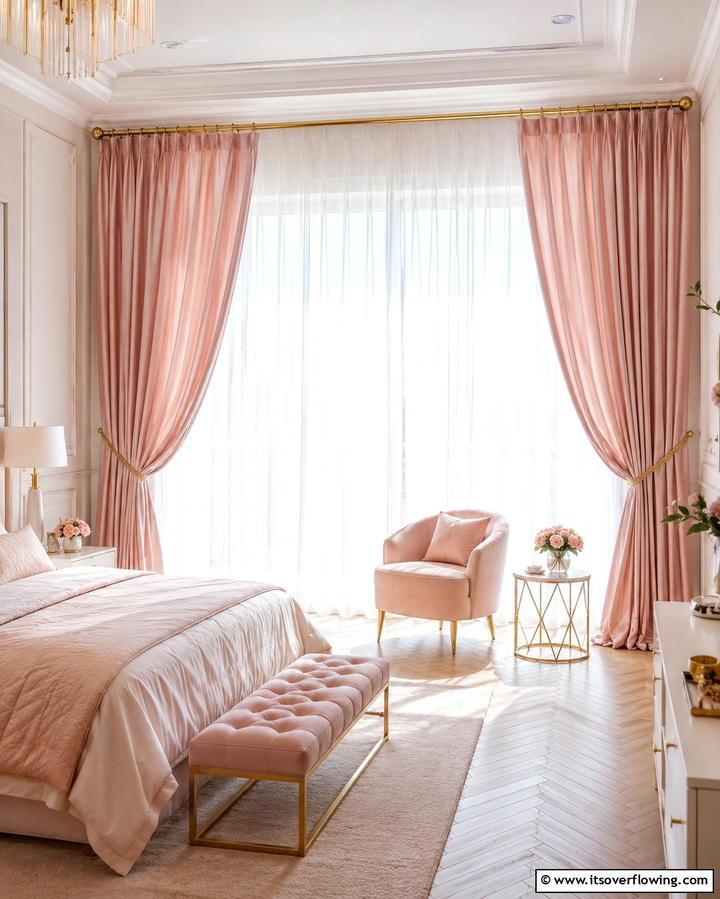 Blush Pink Curtains with Gold Tiebacks - 25 Pink and Gold Bedroom Ideas for a Luxurious Retreat