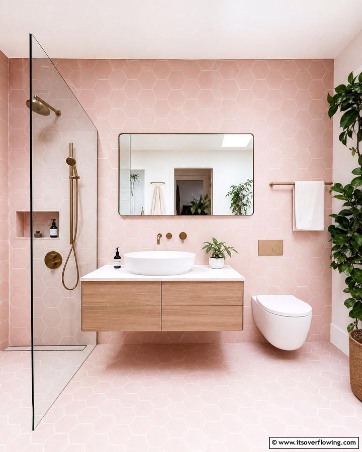 Blush Pink Hexagonal Tiles for a Modern Twist - 20 Pink Tile Bathroom Ideas for a Vibrant Look