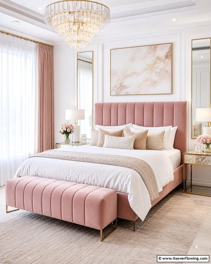 Blush Pink Velvet Upholstery - 25 Dreamy Blush Pink Bedroom Ideas for a Romantic Look
